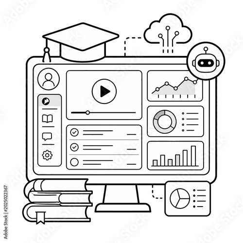 Conceptual Illustration Featuring an Open Book Integrated with Artificial Intelligence and Cloud Computing Data Analytics Icons