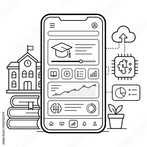 Conceptual Illustration Featuring an Open Book Integrated with Artificial Intelligence and Cloud Computing Data Analytics Icons