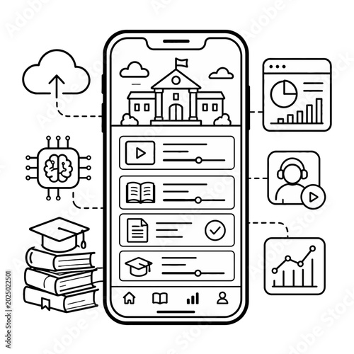 Conceptual Illustration Featuring an Open Book Integrated with Artificial Intelligence and Cloud Computing Data Analytics Icons