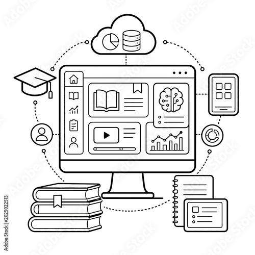 Conceptual Illustration Featuring an Open Book Integrated with Artificial Intelligence and Cloud Computing Data Analytics Icons