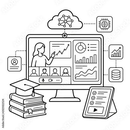 Conceptual Illustration Featuring an Open Book Integrated with Artificial Intelligence and Cloud Computing Data Analytics Icons
