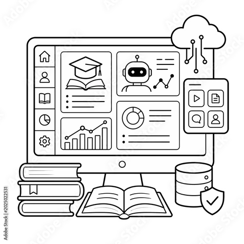 Conceptual Illustration Featuring an Open Book Integrated with Artificial Intelligence and Cloud Computing Data Analytics Icons