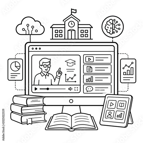Conceptual Illustration Featuring an Open Book Integrated with Artificial Intelligence and Cloud Computing Data Analytics Icons