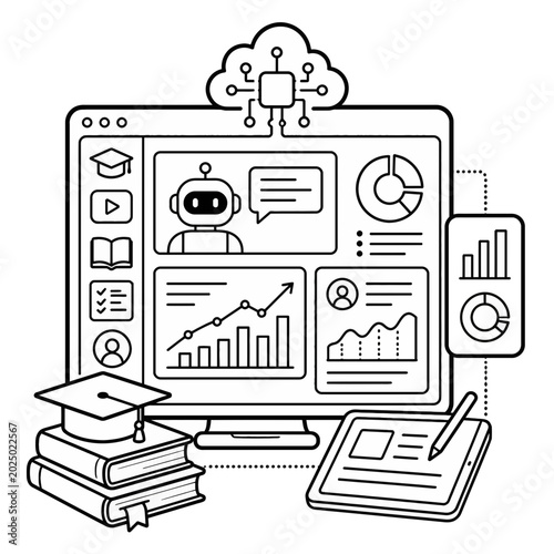 Conceptual Illustration Featuring an Open Book Integrated with Artificial Intelligence and Cloud Computing Data Analytics Icons