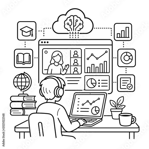 Conceptual Illustration Featuring an Open Book Integrated with Artificial Intelligence and Cloud Computing Data Analytics Icons