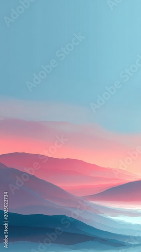 Serene landscape of layered mountain ranges bathed in soft pastel hues of pink and blue during a tranquil sunrise or sunset with a clear sky above