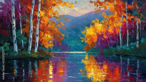 Vibrant autumn forest with golden and crimson leaves reflecting on a peaceful lake surrounded by birch trees and distant purple mountains at sunset
