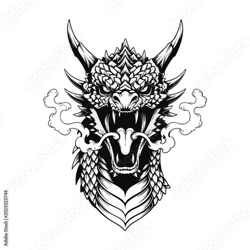 Konstfotografi Intricate Dragon Head Vector Artwork Featuring Detailed Scales and Horns on a Wh