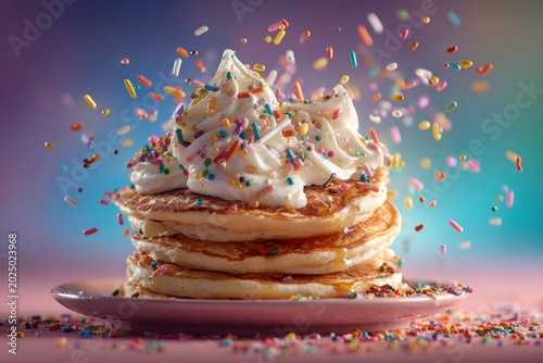 Stack of fluffy golden pancakes topped with whipped cream and colorful sprinkles in mid-air against a soft vibrant gradient background on a pastel pink plate