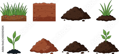 Tableau sur toile Set of Soil, Dirt, and Young Plant Vector Illustrations Featuring Grass Patches,