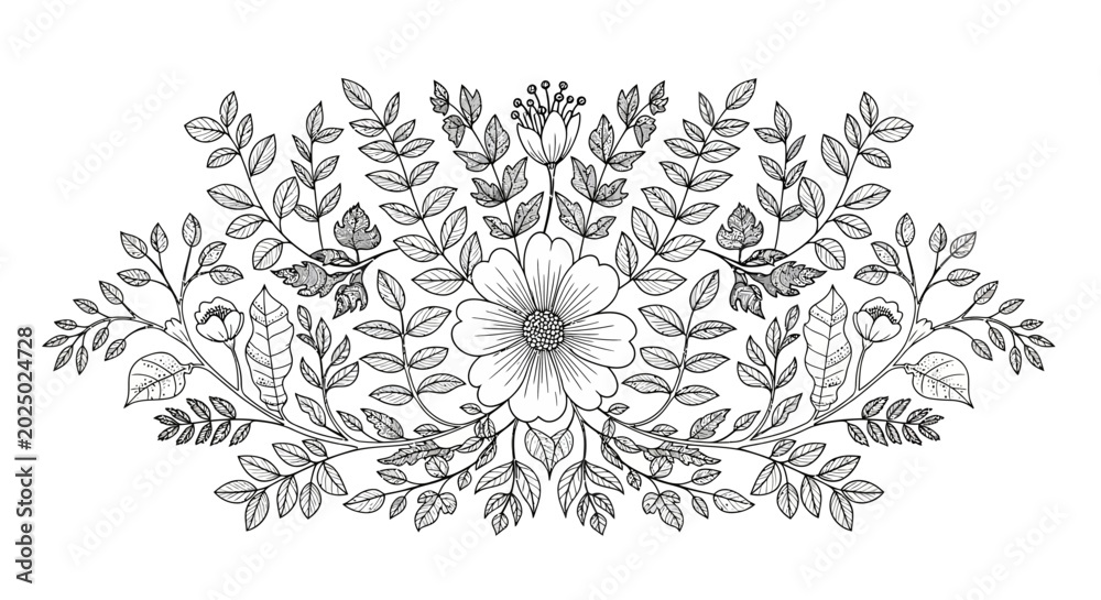 Fototapeta premium Elegant floral design with delicate leaves and central blossom isolated