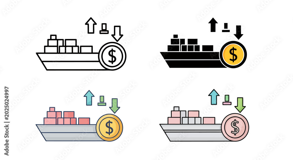 Naklejka premium Icon Set of Cargo Ships Depicting Maritime Finance and Trade Across Multiple Colors.