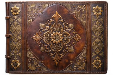 Luxurious Brown Leather-Bound Book with Intricate Gold Embossed Floral Designs and Decorative Border