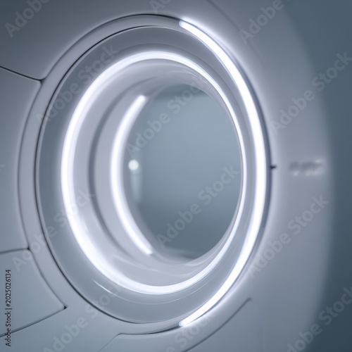 Interior view of a modern medical imaging scanner showing illuminated circular tunnel designed for patient examination and diagnostic procedures in hospital
