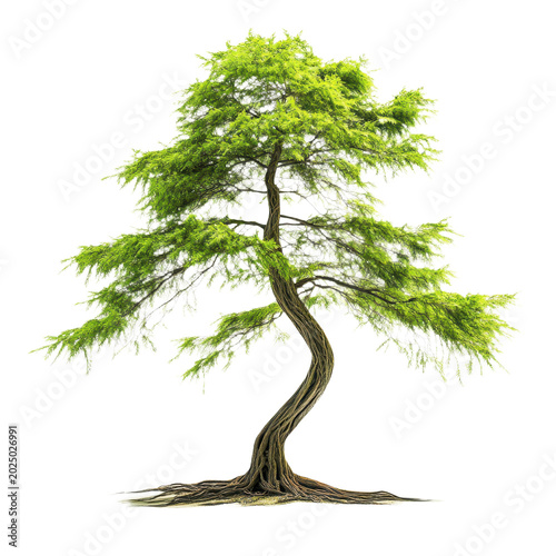 A majestic, twisted green tree with a textured trunk and spreading branches, isolated on transparent background