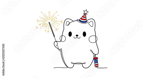 Cuadro en lienzo Cute cartoon animal celebrating with sparkler and firecracker.