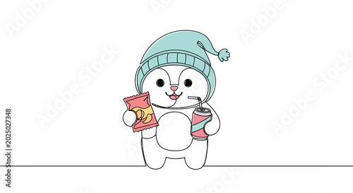 Tableau sur toile Cute cartoon animal in a nightcap holding snacks and a drink.