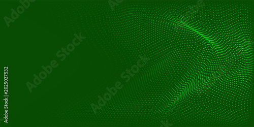 Abstract landing page background with green particles. Flow wave with dot landscape. Digital data structure. Future mesh or sound grid. Pattern point visualization.