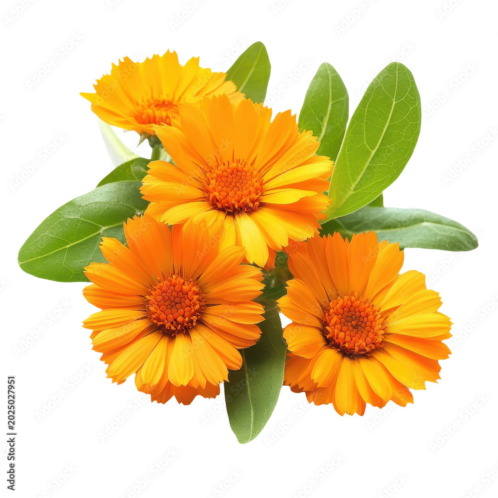 Fototapeta premium Beautiful orange calendula flowers with green leaves isolated on transparent background