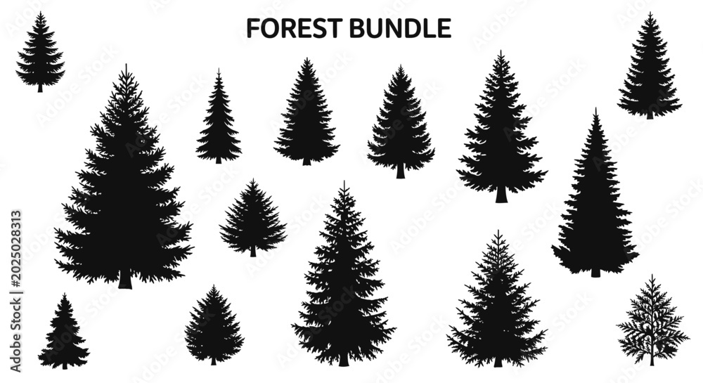 Obraz premium Set of Diverse Pine Tree Silhouettes, Forest Bundle Vector Graphics