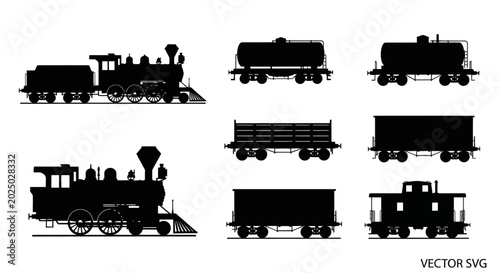 Obraz na płótnie Vintage Steam Locomotive and Freight Train Cars Silhouette Set