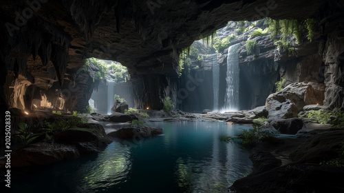 photo-realistic hidden cave with waterfalls pouring through openings in the ceiling, emerald pools and wet stone reflections, cinematic adventure photography, ultra detailed cave textures.