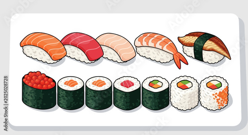 Fotografía Variety of sushi and maki rolls.