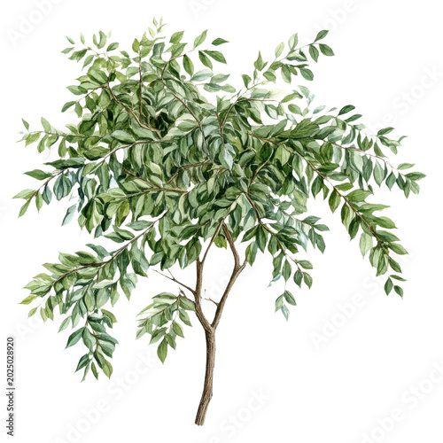 Watercolor illustration of a small green tree with delicate leaves isolated on transparent background
