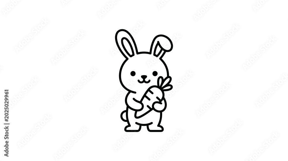 Obraz premium A cute cartoon rabbit character gently holding a fresh green lettuce leaf in a playful, simplistic line drawing style for Easter or spring themed designs and decorations.