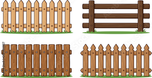 Photography Set of Wooden Fence Vector Illustrations Featuring Picket, Rustic, and Horizonta