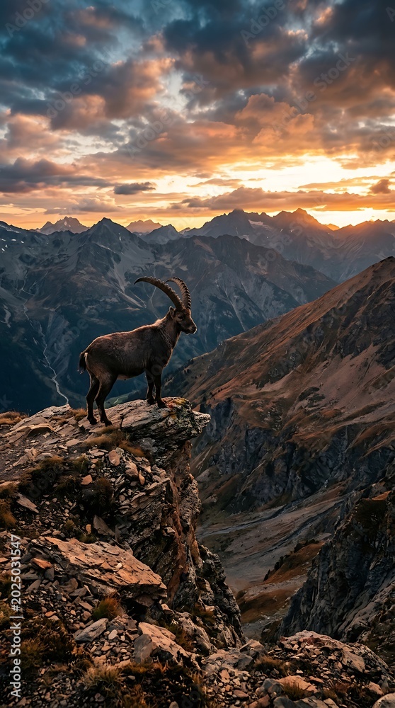 Fototapeta premium Majestic Ibex Standing Proudly on a Rocky Mountain Peak at Sunset.