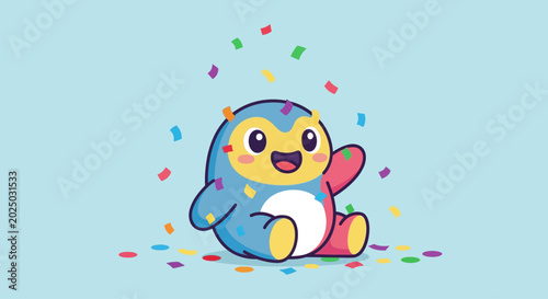 Fotografi Smiling Cartoon Penguin with Confetti.
