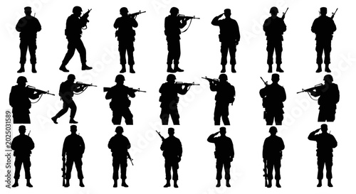 Schilderij op canvas Silhouette Soldiers Military Action Poses Vector Set