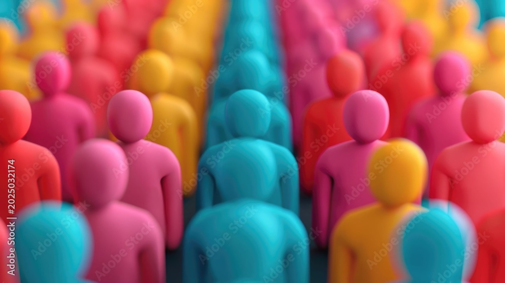 Fototapeta premium ro view of a conceptual crowd of abstract colorful figurines in ordered rows with shallow depth of field highlighting key figures conveying themes of diversity and collective identity