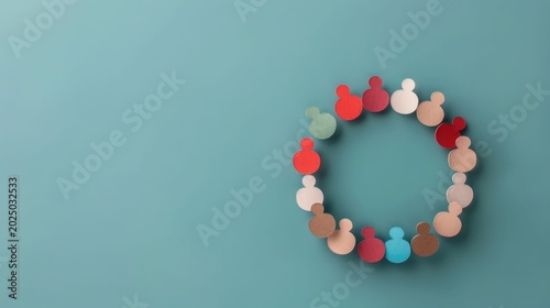 A colorful ring of abstract paper cutout figures in various shades representing diversity and connection on a plain teal surface with ample empty space