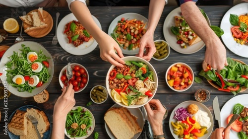 Overhead view of diverse hands selecting from an abundant spread of fresh healthy food including salads pasta and vegetables on a rustic wooden table during a shared meal