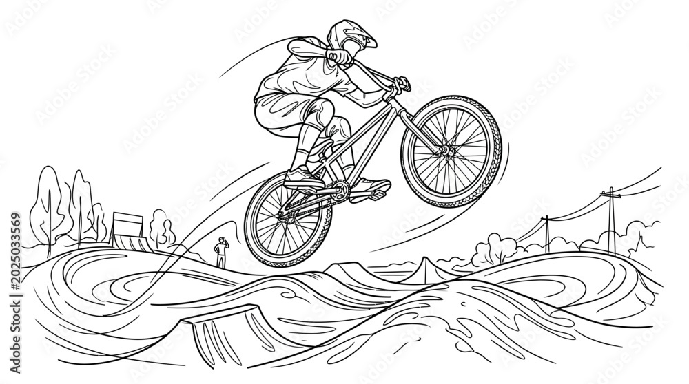 Fototapeta premium BMX Rider Performing Trick in Skatepark, Dynamic Action Line Art
