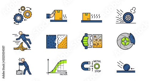 Foto Friction and Motion Icons: Gears, Slipping, Brakes, Magnetism, Force