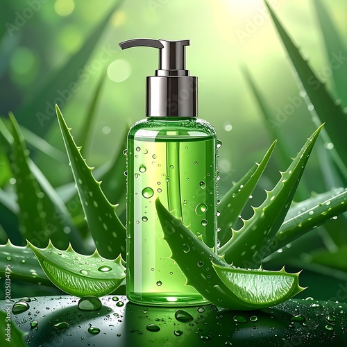 Aloe vera gel in green bottle.