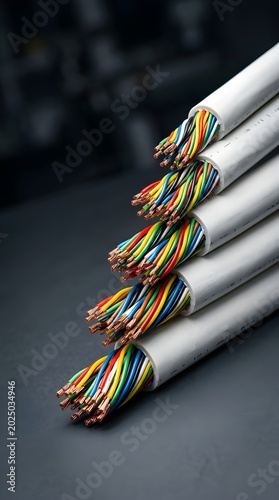 Close-up of several white electrical cables with exposed colorful wires, symbolizing modern connectivity and complex data networks