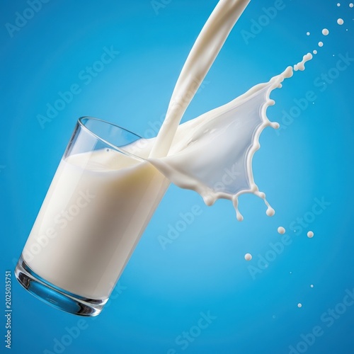 Glass of milk with splash on blue background