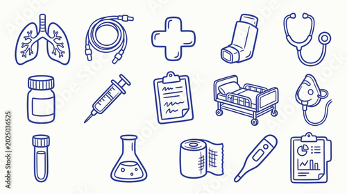 Tableau sur toile A collection of hand-drawn medical icons representing healthcare and science, including lungs, stethoscope, syringe, and hospital bed