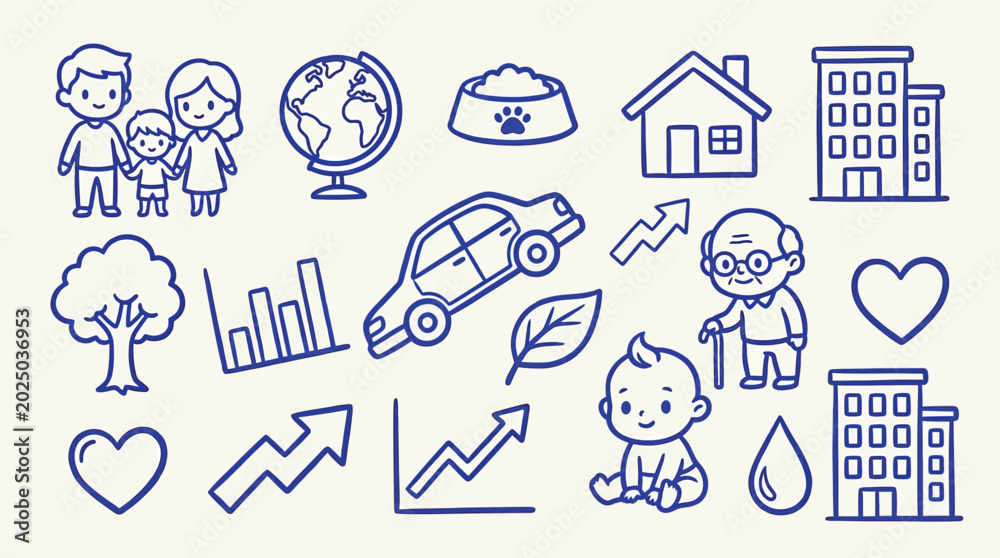 Fototapeta premium Collection of simple doodle icons representing various aspects of life, including family, home, and growth.