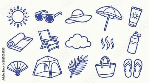 Schilderij op canvas Collection of hand-drawn summer vacation and beach icons, perfect for travel and leisure themes