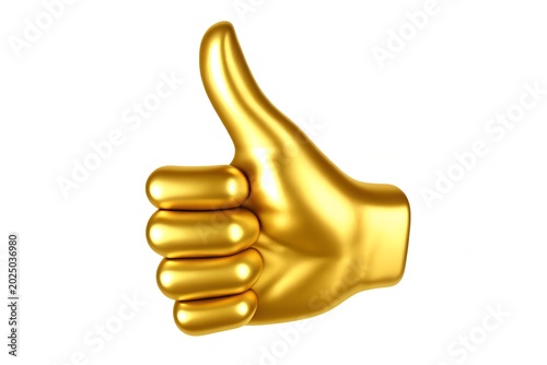 3D Luxury Gold Hand Icon Showing Thumbs Up Approval Gesture with Metallic Texture on Isolated Background