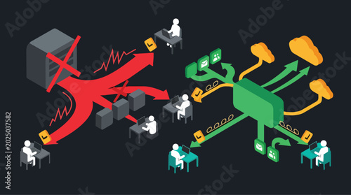 Zero Trust Network Security Concept Showing a Server Failure and Distributed Secure Connections