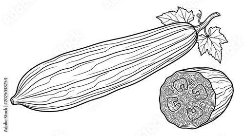 Bild auf Leinwand Luffa Gourd Outline Drawing - Whole and Sliced, Isolated on White