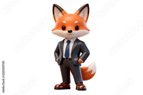 A cartoon fox wearing a business suit and tie stands confidently