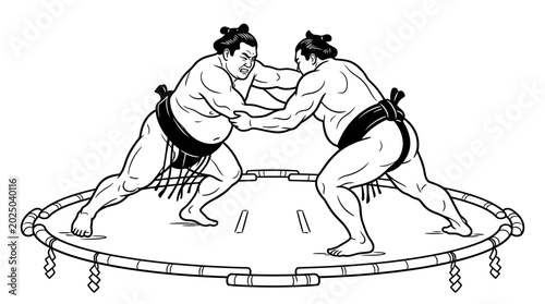 Foto Sumo wrestlers grappling in a ring, illustration