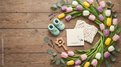 Charming spring baby announcement featuring tulips newborn essentials and pastel floral styling.